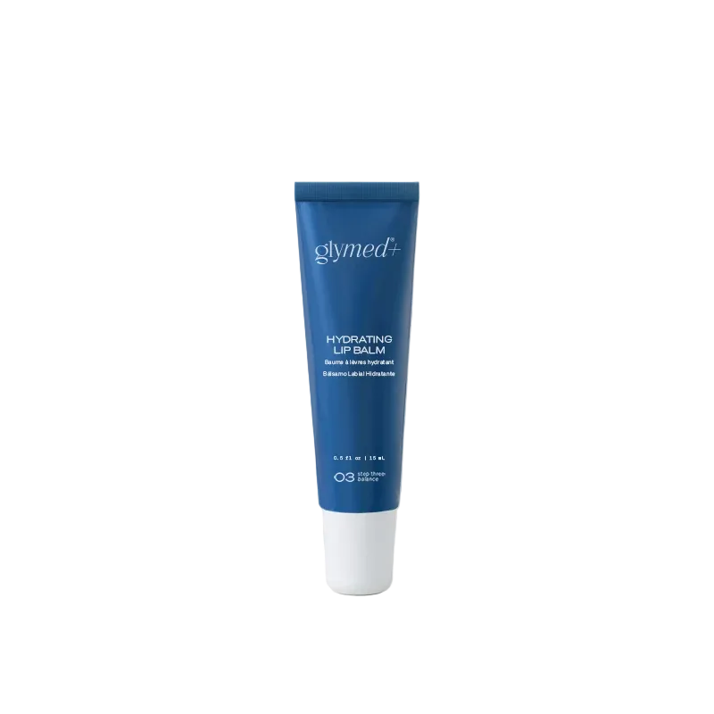 A single tube of glymed+ Hydrating Lip Balm in a deep blue color with a white cap