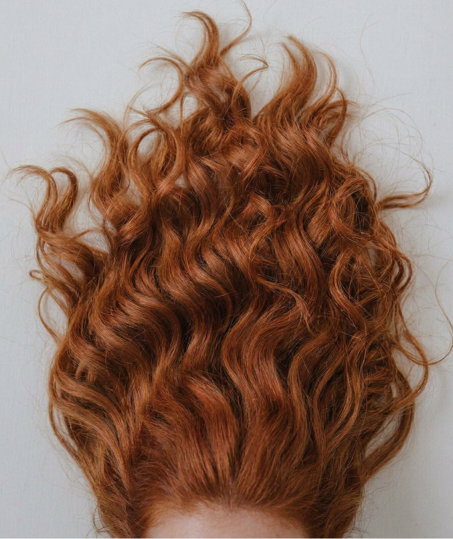 A woman's curly, copper hair sprawled out above her