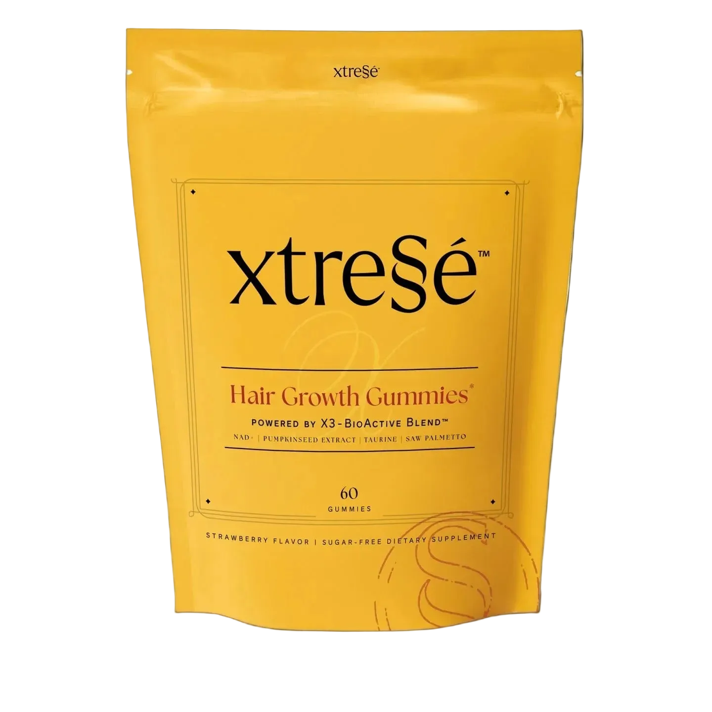 Yellow package of 60 Xtresse hair growth gummies on a transparent background
