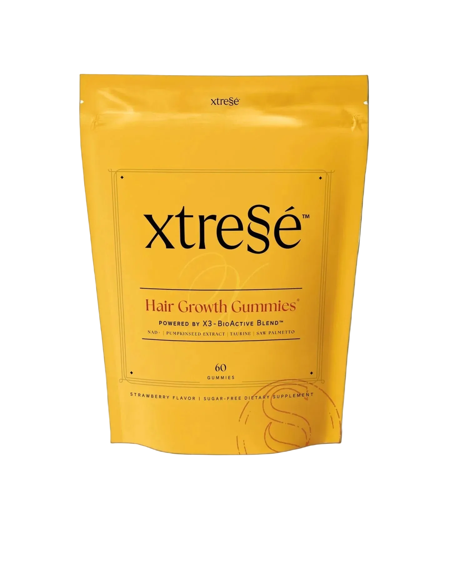 Yellow package of 60 Xtresse hair growth gummies on a transparent background